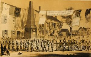 Image of Lexington Battle Monument S. Danvers with Residence of Hon. R.S. Daniels contained in Proceedings at the Reception and Dinner in Honor of George Peaboy, Esq., of London, by the Citizens of the Old Town of Danvers, October 9, 1856
