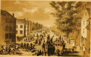 Image of Main St. S. Danvers. Taken from F. Dane's Warehouse contained in Proceedings at the Reception and Dinner in Honor of George Peaboy, Esq., of London, by the Citizens of the Old Town of Danvers, October 9, 1856
