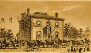 Image of Residence of Eben Sutton Esq. from F. Dane's Warehouse contained in Proceedings at the Reception and Dinner in Honor of George Peaboy, Esq., of London, by the Citizens of the Old Town of Danvers, October 9, 1856