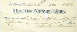Image of Canceled Check with Signature of Winslow Homer