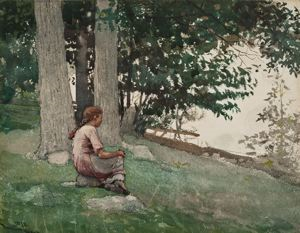 Image of Girl Seated on Hillside Overlooking the Water